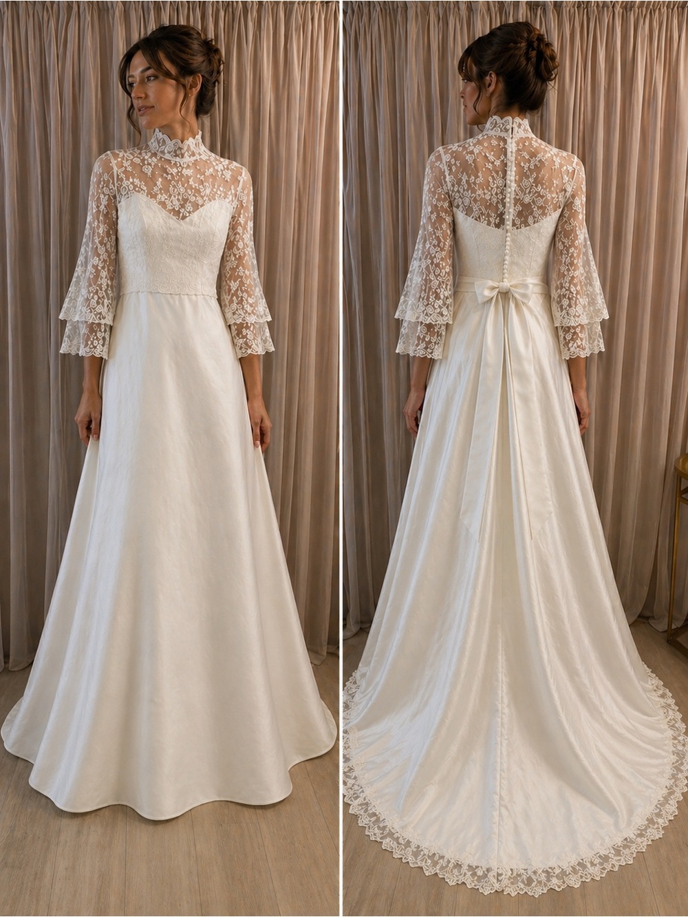 “H” Lace Illusion High-Neck A-Line Wedding Dress in Ivory
